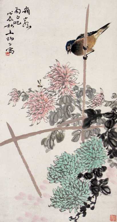 王伟 戊辰（1928年）作 花鸟 立轴